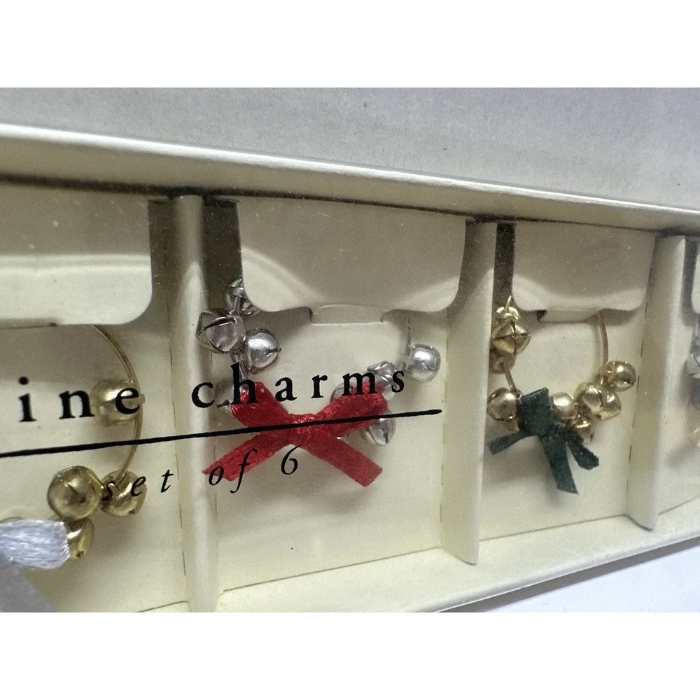 Pier 1 Imports Wine Glass Charms Holiday Christmas Bell Set of 6 New Sealed NOS